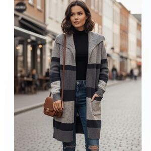 Aventura Merino Wool Gray & Navy Striped long Knit Cardigan SZ L
